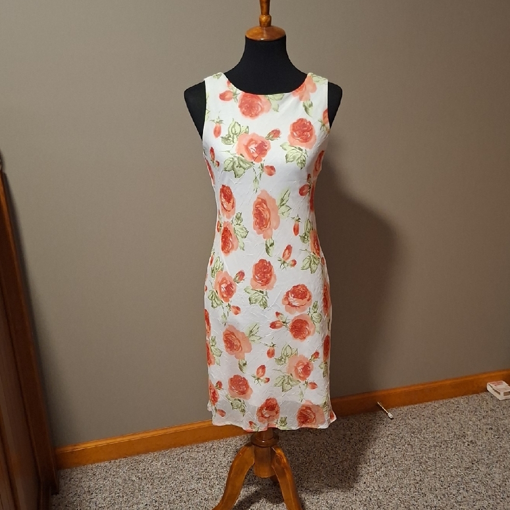 My Michelle White Midi Dress with Coral Rose Print and Green Leaves